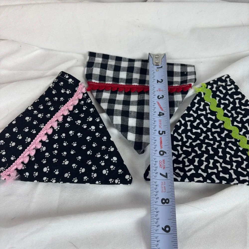 Handmade Dog Bandana Set of 3 Check, blk/wht Bone & Paw Print Rickrack Trim Sz S